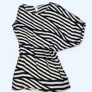 Small y2k Navy Blue Tan Striped Sleeveless Batwing Sleeve Silky Mini Dress